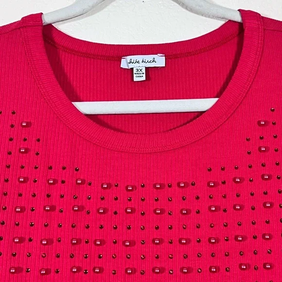 Red bodycon gem and pearl studded tank top, size 3X - Picture 2 of 6